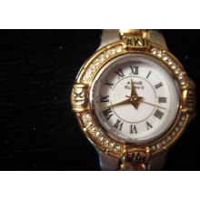 Anne Klein Ii Gold Silver Wristwatch Tri Fold Clasp Rhinestone Vgc Battery