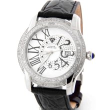 Aqua Master W127 1.7ct Round 2 Row Diamond Bezel Leather Men's Watch