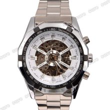 Automatic Skeleton Stainless Steel Mechanical Mens Wristwatch Wrist Watch White