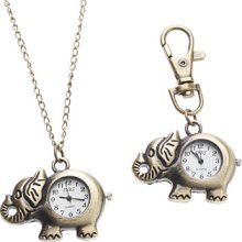 Bronze Unisex Elephant Style Alloy Analog Quartz Keychain Necklace Watch