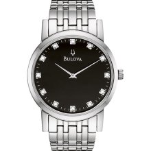 Bulova Men's Stainless Steel Black Dial Diamonds 96D106