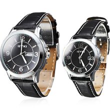 Couple Calendar Style PU Quartz Analog Wrist Watches (Black)