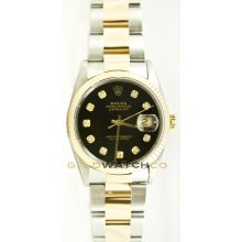 Datejust 16233 Steel Gold Oyster Fluted Bezel Black Diamond Dial