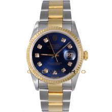 Datejust 16233 Steel Gold Oyster Fluted Bezel Blue Diamond Dial