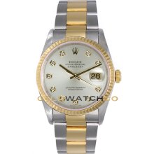 Datejust 16233 Steel Gold Oyster Fluted Silver Diamond Dial