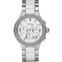 DKNY Womens Glitz Ceramic Chronograph Stainless Watch - White Bracelet - White Dial - NY8181