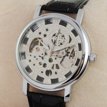 Elegant Mechanical Mens Skeleton Wristwatch Handwinding Roman Number Silver Gent