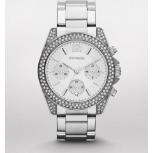 Express Womens Rodeo Pave Embellished Chronograph Watch Silver, No