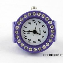 Fashion Round Dial Clear Bling Crystal Elastic Purple Finger Ring Watch Quartz