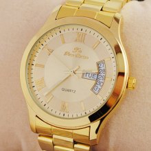 Golden Stainless Steel Style Mens Elegant Wrist Watch Double Day Date Quartz