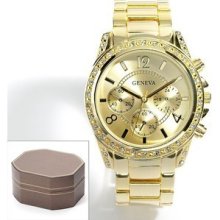 Gorgeous Geneva Gold Tone Stainless Steel Simulated Crystal Watch Men