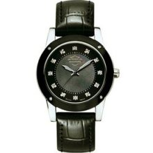 Harley Davidson Ladies` Black Leather Strap Watch W/ Black Sunray Dial