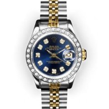 Ladies Two Tone Blue Dial Beadset Bezel Rolex Datejust (549)