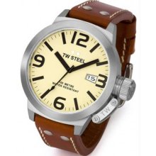 Men's Canteen Stainless Steel Case Cream Dial Leather Strap Date Displ