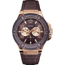 Men's guess multi-function brown leather band watch u0040g3