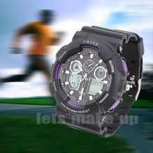 Mens Ladies Ohsen Day&date Black&purple Dual Time Digital Sports Watch