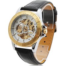 Men's PU Analog Mechanical Casual Watch (Gold)