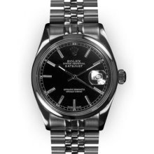 Men's Stainless Steel Black Stick Dial Smooth Bezel Rolex Datejust