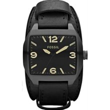 Men's Stainless Steel Case Leather Strap Quartz Black Dial