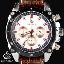 Orkina Men Fashion White 6 Hand Dial Silver Case Quartz Leather Band Wrist Watch