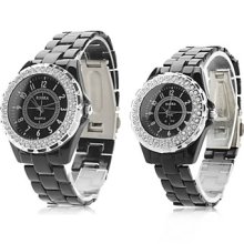 Pair of Fashionable Metal Quartz Analog Wrist Watches with Diamonds (Black)