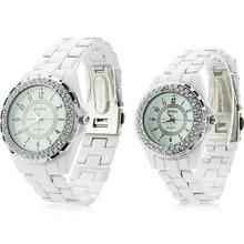 Pair of Fashionable Metal Quartz Analog Wrist Watches with Diamonds (White)