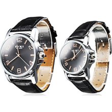 Pair of Water Resistant PU Style Analog Quartz Couple Watches (Black)