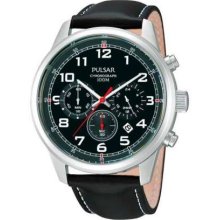 Pulsar Men's Stainless Steel, Black Dial, Black Leather Strap, Chrono PT3257X1 Watch