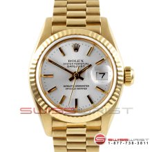 Rolex Ladies 18K YG President Silver Stick Dial - Fluted Bezel 69178