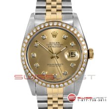 Rolex Mens 18K/SS Datejust 16013 w/ Champagne Diamond Dial - Bezel