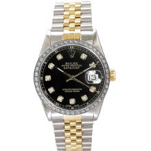 Rolex Men's Datejust Two Tone Custom Diamond Bezel & Black Diamond Dial