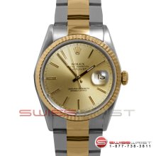 Rolex Men's Datejust Two Tone 16233 Champagne Stick Dial Fluted Oyster