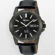 Seiko Solar Stainless Steel Black Ion Leather Watch - Men