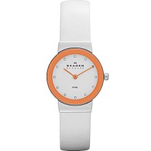 Skagen Brights White Leather & Orange Dial Women's Watch - White