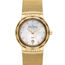 Skagen 'Mesh' Faceted Glass Bezel Watch Gold