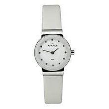 Skagen Steel White Italian Leather White Dial Women's Watch #358XSSLWW