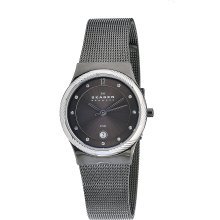 Skagen Women's Silvertone Twisted Topring Charcoal Grey Mesh Watc ...