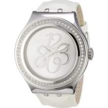 Swatch YNS107 Silver Dial White Leather Women's Watch