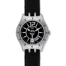 Swatch YTS400 Black Dial Black Leather Strap Men's Watch