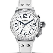 Tw Steel Sensation White Dial And Cz Bezel Chronograph White Leather Strap Tw832