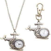 Unisex Helicopter Style Alloy Quartz Analog Keychain Necklace Watch (Bronze)