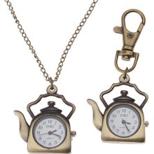 Unisex Kettle Style Alloy Quartz Analog Keychain Necklace Watch (Bronze)