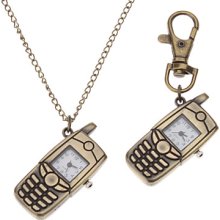 Unisex Mobile Phone Style Analog Alloy Quartz Keychain Necklace Watch (Bronze)