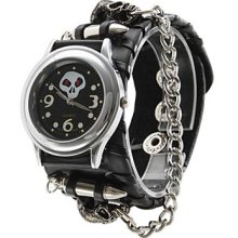 Unisex Skeleton PU Analog Wrist Quartz Watch (Black)