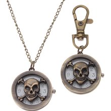 Unisex Skeleton Style Alloy Quartz Analog Keychain Necklace Watch (Bronze)