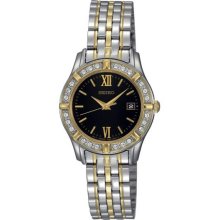 Women's Two Tone Stainless Steel Quartz Black Dial Roman Numerals Swar