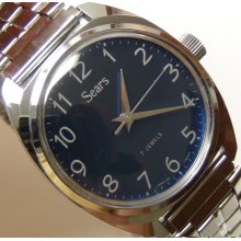 1960' Sears Men's Silver Near Mint Condition Blue Dial Watch w/ Silver Bracelet