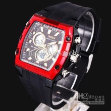 6pcs Pack Ohsen Digital Red Square Rim Pu Men Sport Quartz Watch Ala