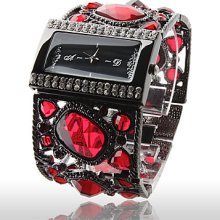 Black Amazing Women's Bracelet Watch with Graceful Red Diamond Decoration