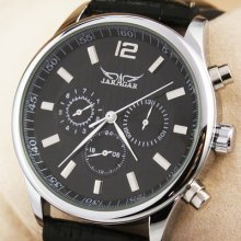 Black Men's Automatic Subdial Calendar Week Leather Elegant Brand Wrist Watch